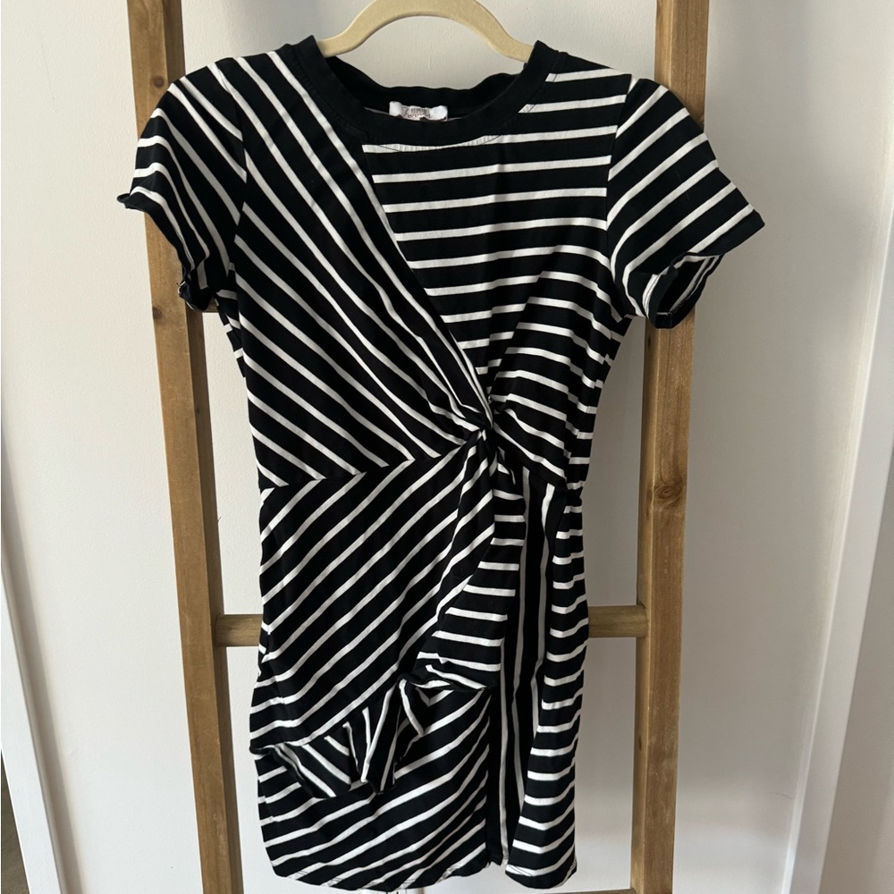 Parker Calvin Black White Striped Ruffle Front T-shirt Dress